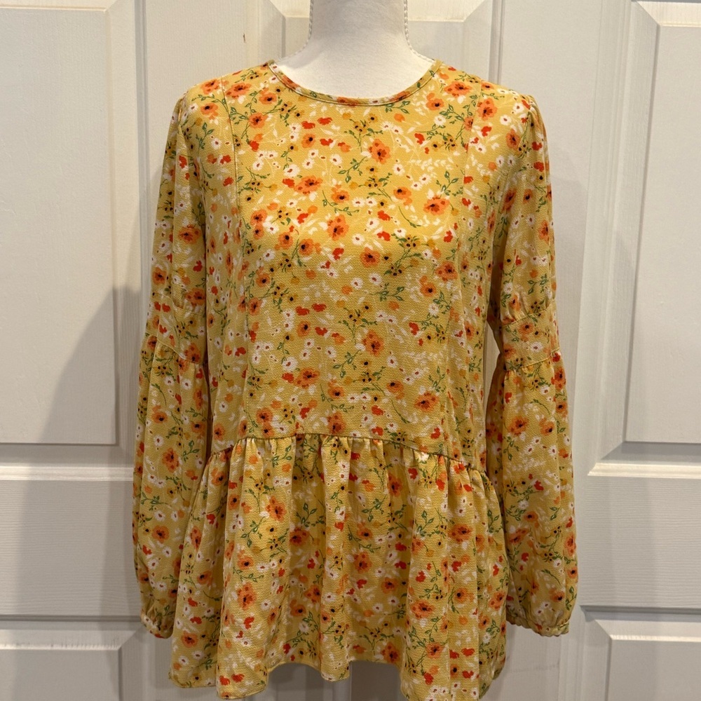Orange Creek Babydoll Peplum Blouse Boho Yellow Floral Cottagecore S - Picture 4 of 7